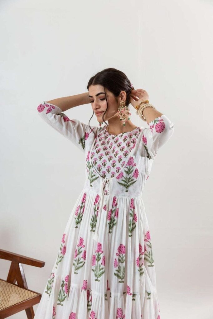Women's Cotton Floral Printed Long Anarkali Kurti with Pant and Dupatta