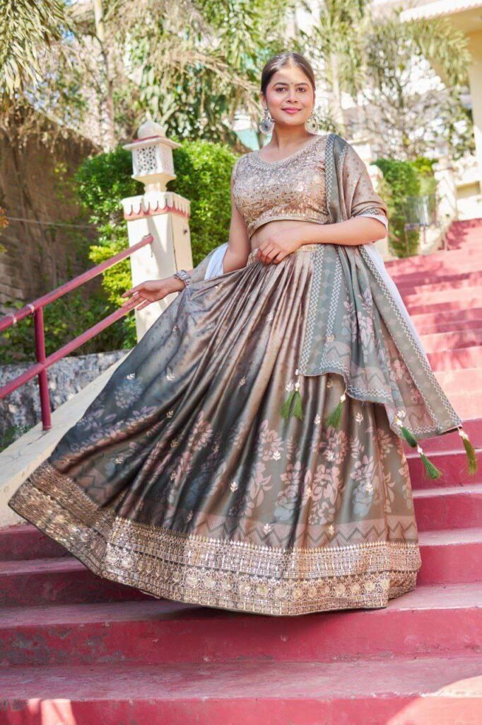 Greyish Maslin Sarting Lehenga Choli with Golden Blouse | Digital Print & Embroidery Work | Wedding & Festive Wear
