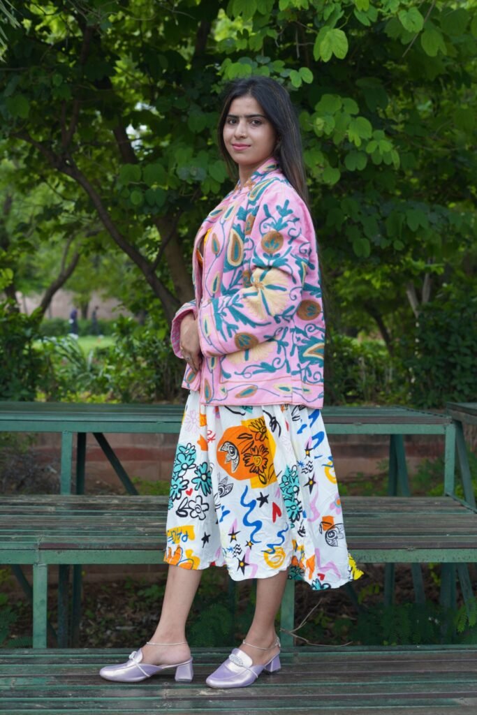Womens Pink Velvet Embroidered Jacket with Floral Design