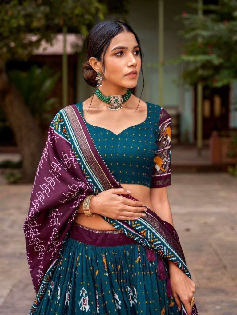Maroon Tussar Silk Lehenga Choli with Bottle Green Blouse | Patola Print & Foil Work | Wedding & Festive Wear