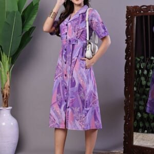 Women's Purple Abstract Print Cotton Shirt Dress