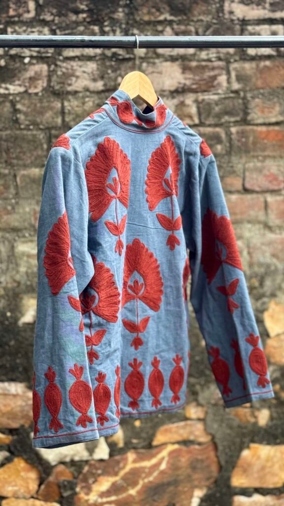 Womens Light Blue Velvet Embroidered Jacket with Floral Design