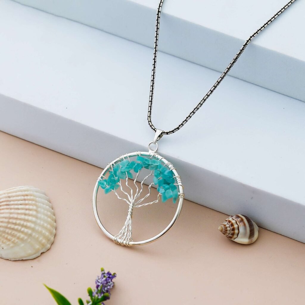 Amazonite Pendant Tree of Life Crystal Stone Pendant Locket with Metal Chain for  Healing Crystal Healing Gemstone Size 35-40 mm Amazonite