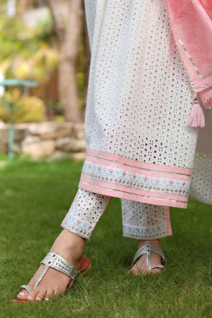 Women's Cotton Embroidered Nayra Cut Kurti With Pant and Dupatta Set