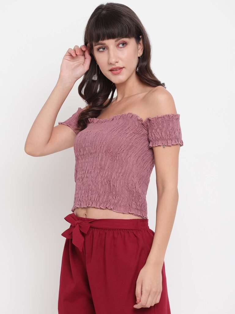 Women's Rayon Solid Off-Shoulder Smocked Crop Top Short Sleeve Casual Styles Tank Top (FREE SIZE) Multi29