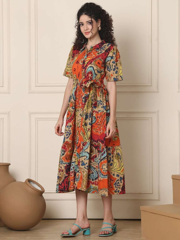 Women's Cotton Printed A-Line Midi Dress | Short Sleeve Flared Gown Dress (Multti Color1)